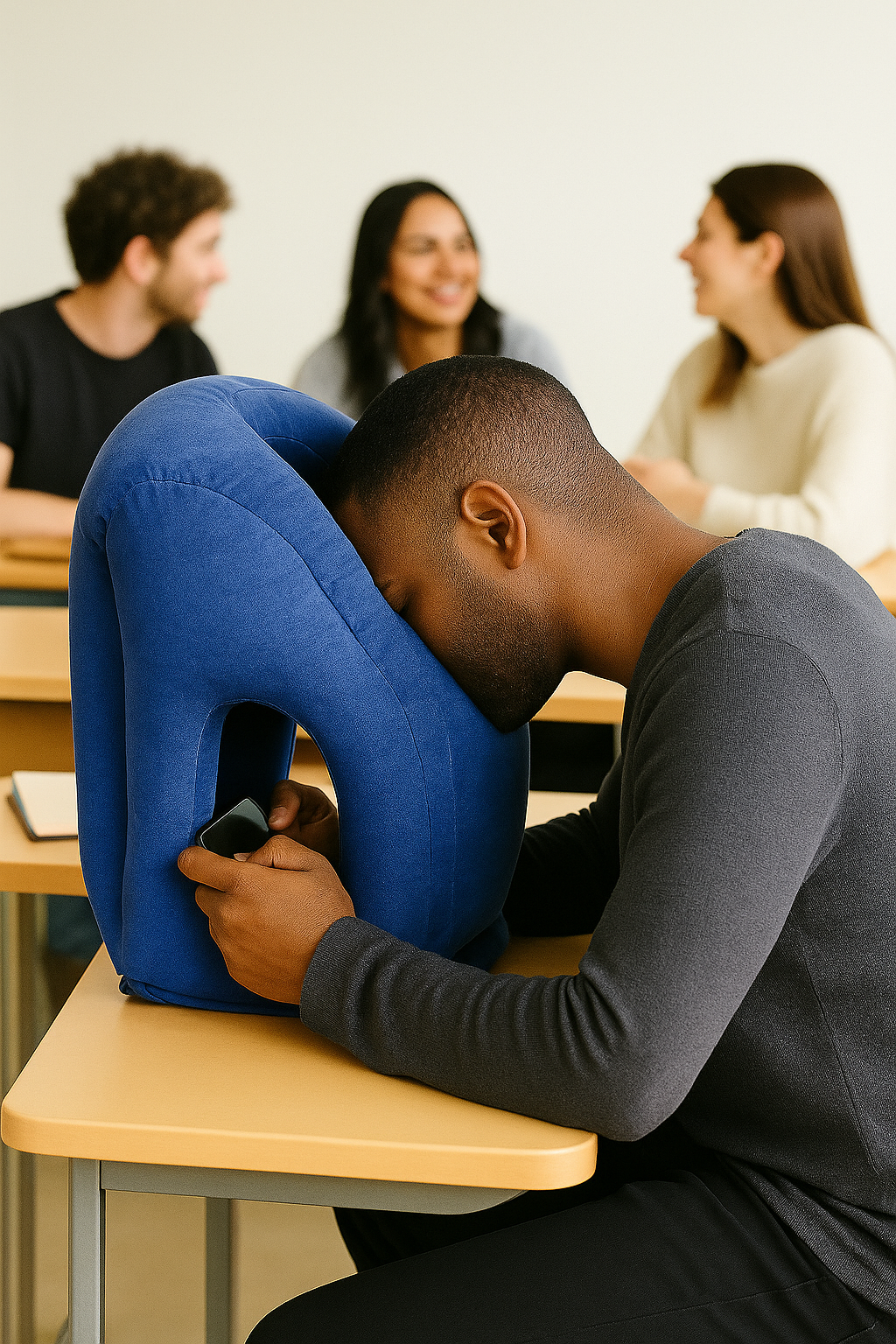 Person using blue napnook portable nap pillow in a classroom setting