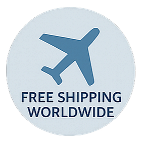 Free shipping worldwide label with airplane icon on a light gray background