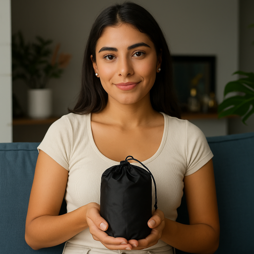 Woman holding a black drawstring bag containing napnook portable nap pillow in a home setting