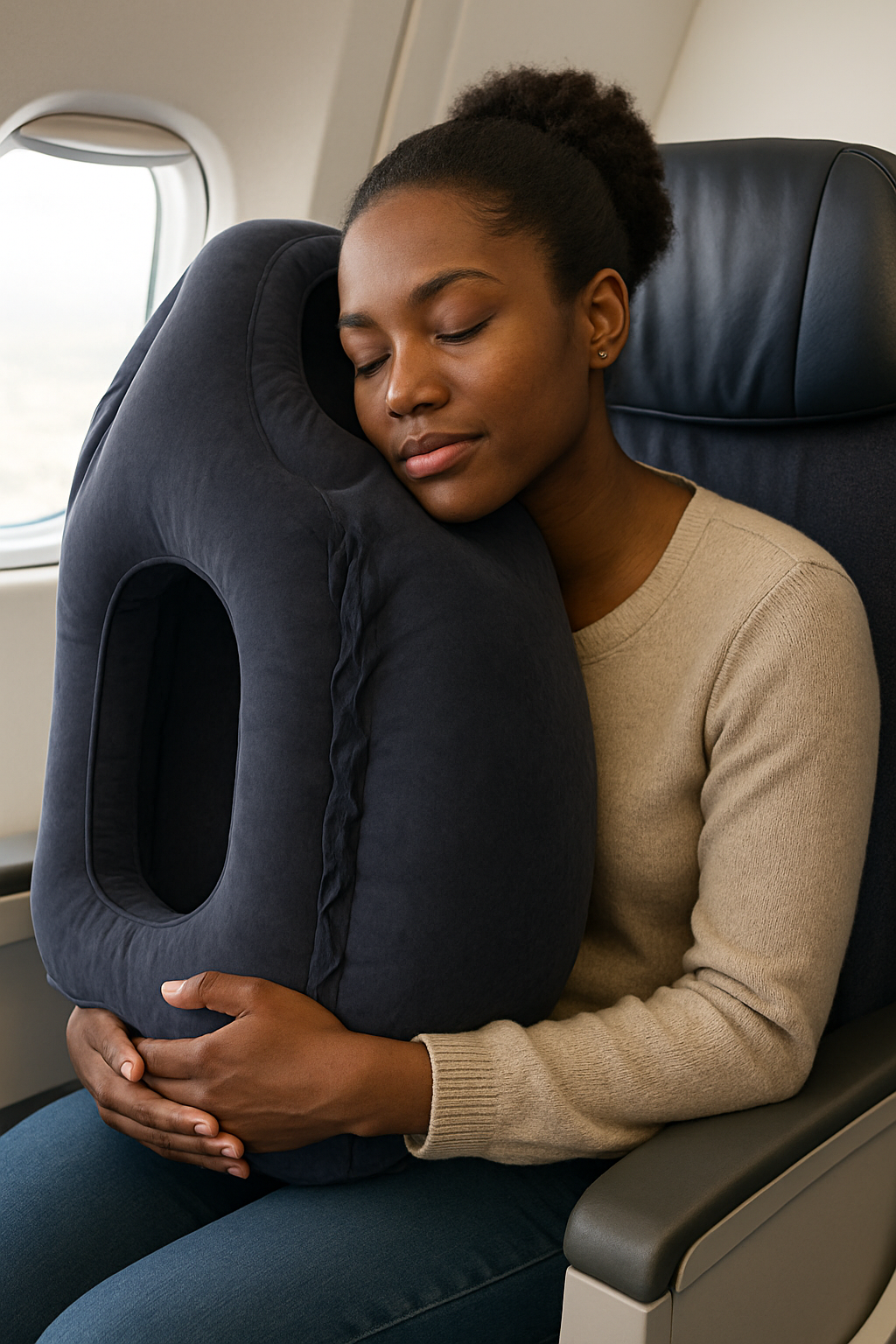 Woman using a napnook cushion pillow in an airplane