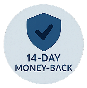 14-Day Money-Back guarantee badge with a blue checkmark on a light gray background